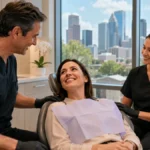 Sedation dentistry visit for anxious patient in Houston Reassuring sedation dentistry appointment for an anxious patient in a modern Houston dental clinic