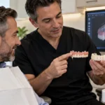 Temporary vs Permanent All-on-4 Teeth Houston prosthodontist comparing provisional and final full-arch implant bridges with a patient